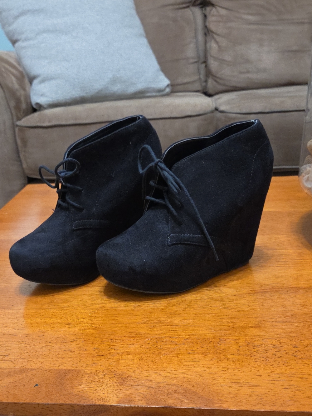Women’s Black Suede Wedge Ankle Boots - Lace-Up Style